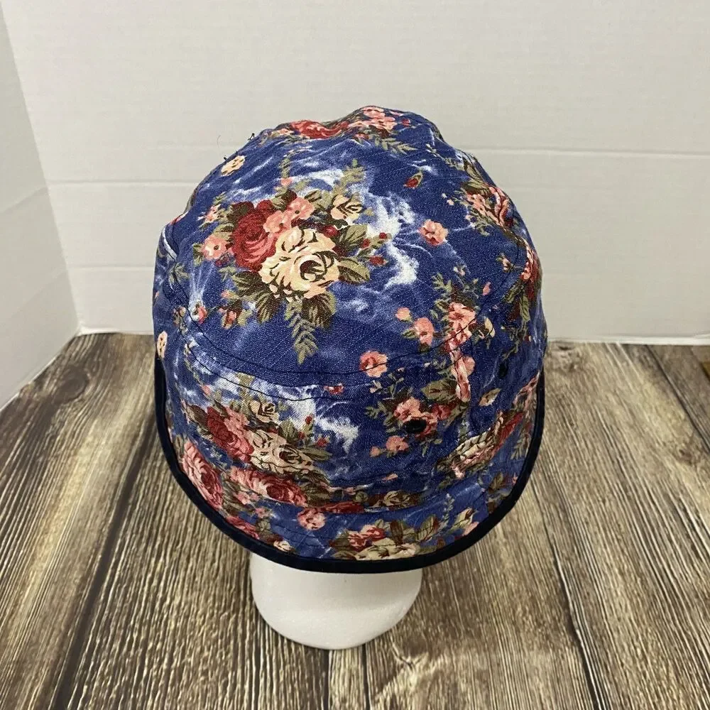 New Era Floral Print Denim Bucket Hat Sz XL Blue/Pink Cotton Blend